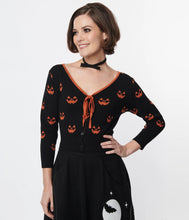 Load image into Gallery viewer, Black and Orange Pumpkin Cropped Cardigan