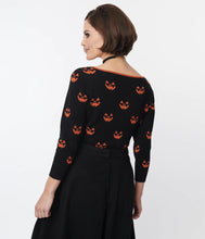 Load image into Gallery viewer, Black and Orange Pumpkin Cropped Cardigan