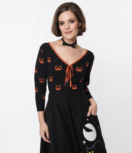 Load image into Gallery viewer, Black and Orange Pumpkin Cropped Cardigan