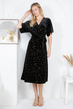 Load image into Gallery viewer, Golden Moon and Star Velvet Wrap Midi Dress