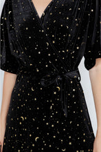 Load image into Gallery viewer, Golden Moon and Star Velvet Wrap Midi Dress