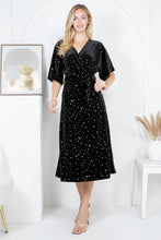 Load image into Gallery viewer, Golden Moon and Star Velvet Wrap Midi Dress