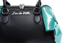 Load image into Gallery viewer, Mermaid Blue Sparkle & Black Double Bow Tote