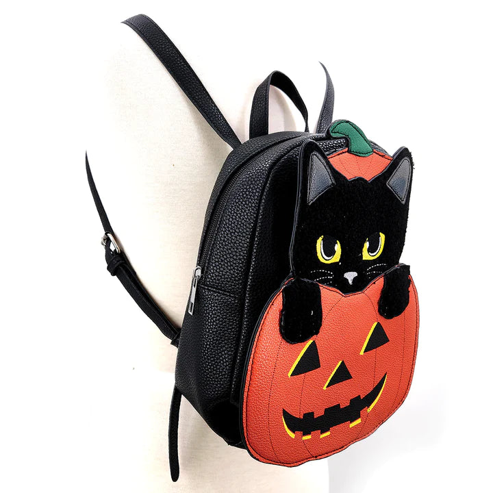 Furry Black Cat In Jack O Lantern Mini Backpack