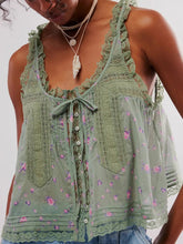 Load image into Gallery viewer, Green and Pink Floral Lace Patchwork Sheer Camisole Crop Top
