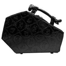 Load image into Gallery viewer, Skull and Crossbones Embossed Coffin Purse with Bone Handle