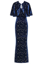 Load image into Gallery viewer, Gloria Celestial Blue Velvet Pencil Dress with Capelet
