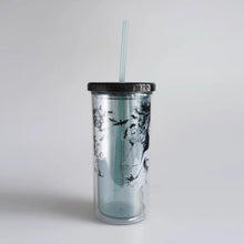 Load image into Gallery viewer, Clear tumbler with black lid and straw on a light gray background