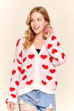 Load image into Gallery viewer, Ivory with Red Hearts Fuzzy Sweater Cardigan