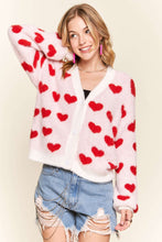 Load image into Gallery viewer, Ivory with Red Hearts Fuzzy Sweater Cardigan