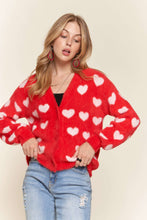 Load image into Gallery viewer, Red with Ivory Hearts Fuzzy Sweater Cardigan