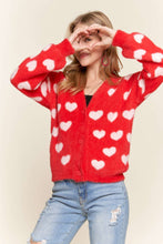 Load image into Gallery viewer, Red with Ivory Hearts Fuzzy Sweater Cardigan
