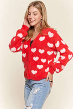 Load image into Gallery viewer, Red with Ivory Hearts Fuzzy Sweater Cardigan