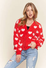 Load image into Gallery viewer, Red with Ivory Hearts Fuzzy Sweater Cardigan