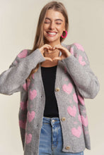 Load image into Gallery viewer, Grey with Pink Hearts Button Down Cardigan