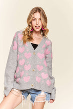 Load image into Gallery viewer, Grey with Pink Hearts Button Down Cardigan