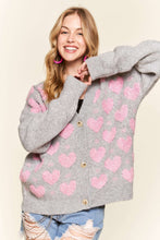 Load image into Gallery viewer, Grey with Pink Hearts Button Down Cardigan