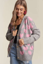 Load image into Gallery viewer, Grey with Pink Hearts Button Down Cardigan