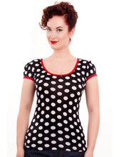 Load image into Gallery viewer, Robin Black and White Polka Dot with Red Trim Top