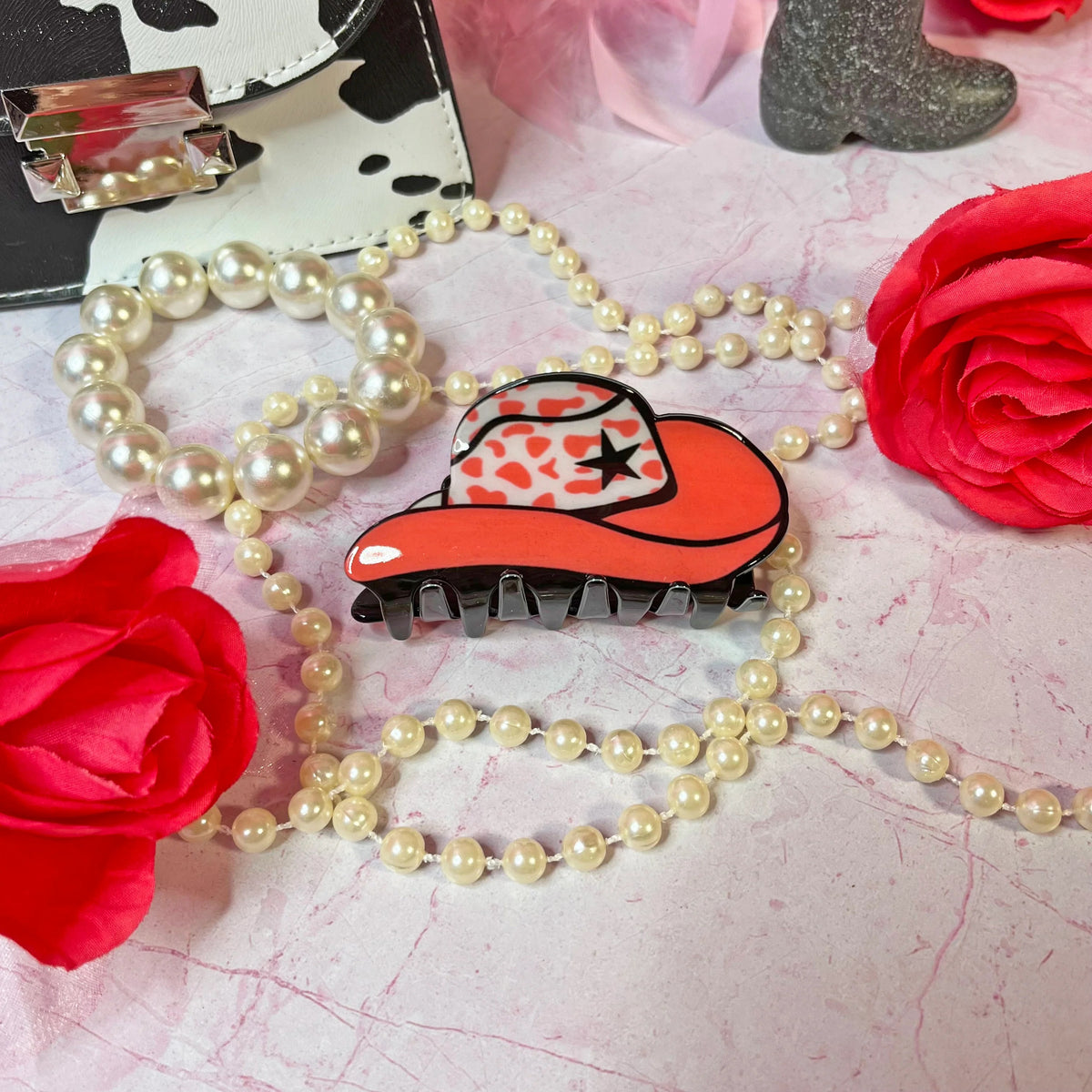 Pink Cow Print Western Cowboy Hat Hair Clip Pink House Boutique