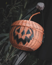 Load image into Gallery viewer, Haunted Hallows Orange Pumpkin Jack O Lantern Wicker Picnic Basket Bag