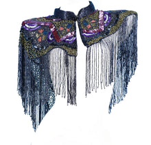 Load image into Gallery viewer, A pair of dark navy blue embellished shoulder covers or decorative fabric panels with dense beadwork, sequins, and long fringe, shown against a plain white background.