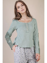 Load image into Gallery viewer, Sage Lace Trim Long Sleeve Crop Top