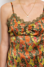 Load image into Gallery viewer, Green Retro Floral Satin Mini Cami Dress