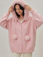 Load image into Gallery viewer, Baby Pink Faux Fur Pom Pom Knit Cardigan