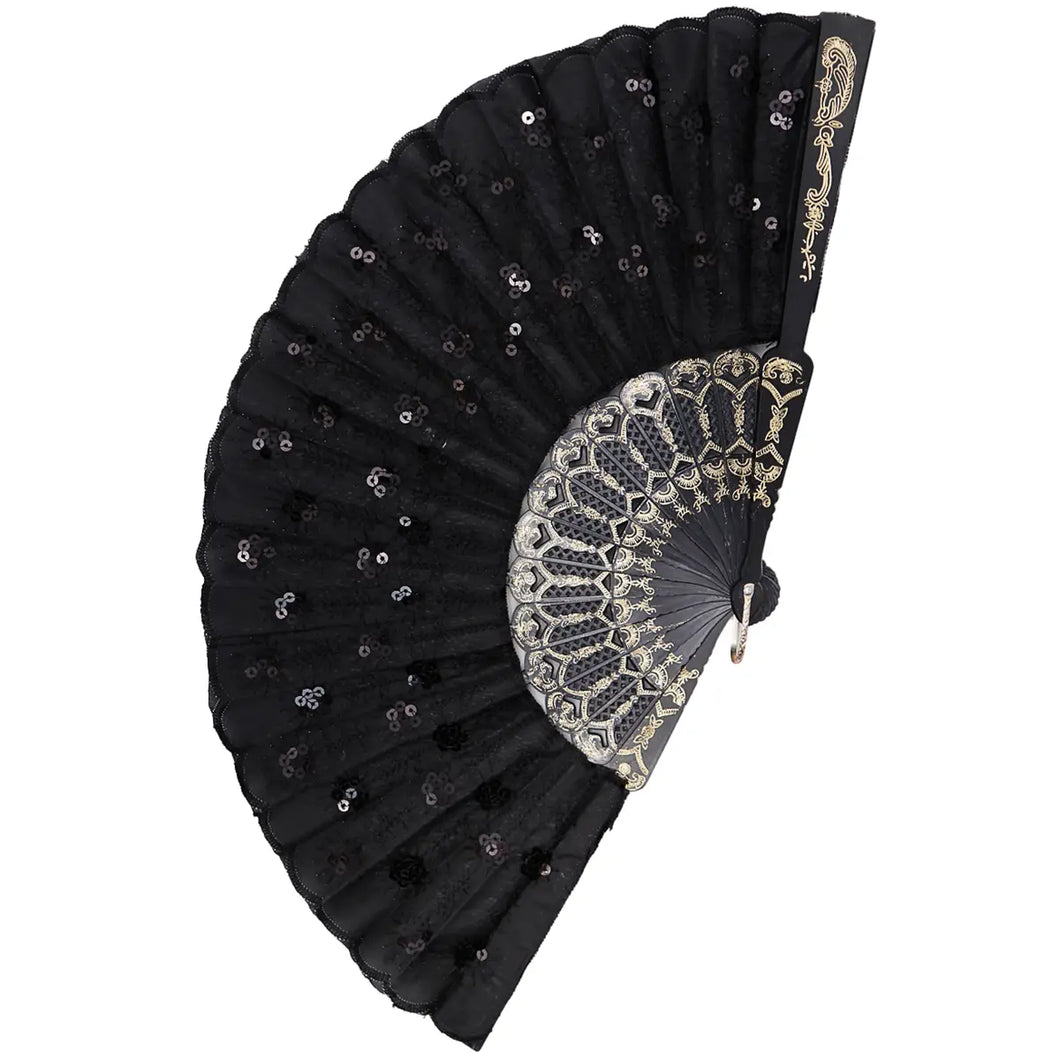 Sleek Black Sequin Blossom Floral Hand Fan