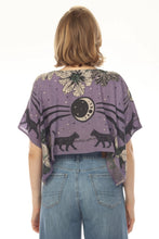 Load image into Gallery viewer, Person wearing a purple shirt with black cat designs on a white background