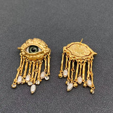 Load image into Gallery viewer, Evil Eye Pearl and Tassel Statement Earrings