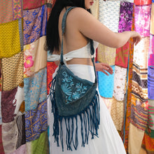 Load image into Gallery viewer, Teal Stonewashed Crossbody Fringe Purse