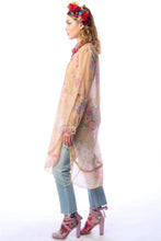 Load image into Gallery viewer, Woman wearing a floral shirt dress with a sheer overlay on a white background