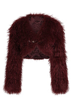 Load image into Gallery viewer, Burgundy feathered jacket on a white background