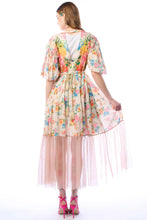 Load image into Gallery viewer, Woman wearing a floral dress with sheer sleeves and bottom half on a white background
