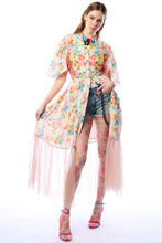 Load image into Gallery viewer, Woman wearing a floral kimono with fringe on a white background