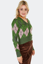 Load image into Gallery viewer, Green and Pink V-Neck Argyle Cardigan