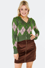 Load image into Gallery viewer, Green and Pink V-Neck Argyle Cardigan