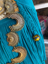 Load image into Gallery viewer, Teal Suede Triangle Fringe and Gold Embellishment Purse