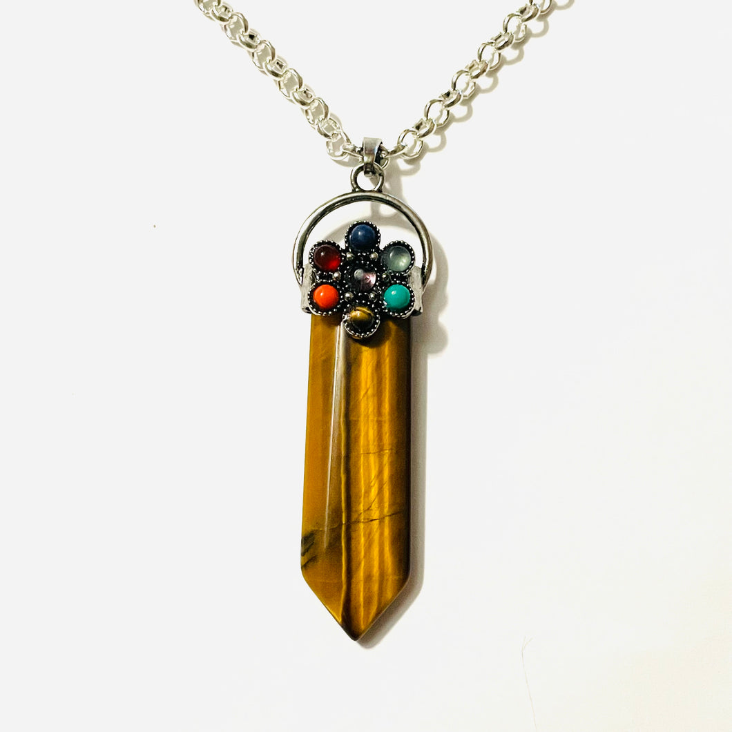 Tiger's Eye with Chakra Flower Pendant Necklace