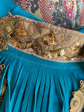 Load image into Gallery viewer, Teal Suede Triangle Fringe and Gold Embellishment Purse