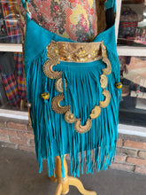 Load image into Gallery viewer, Teal Suede Triangle Fringe and Gold Embellishment Purse
