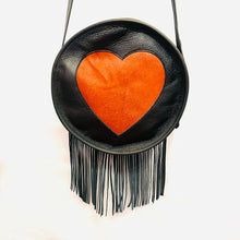Load image into Gallery viewer, OOAK Round Leather Fringe Purse with Heart Center
