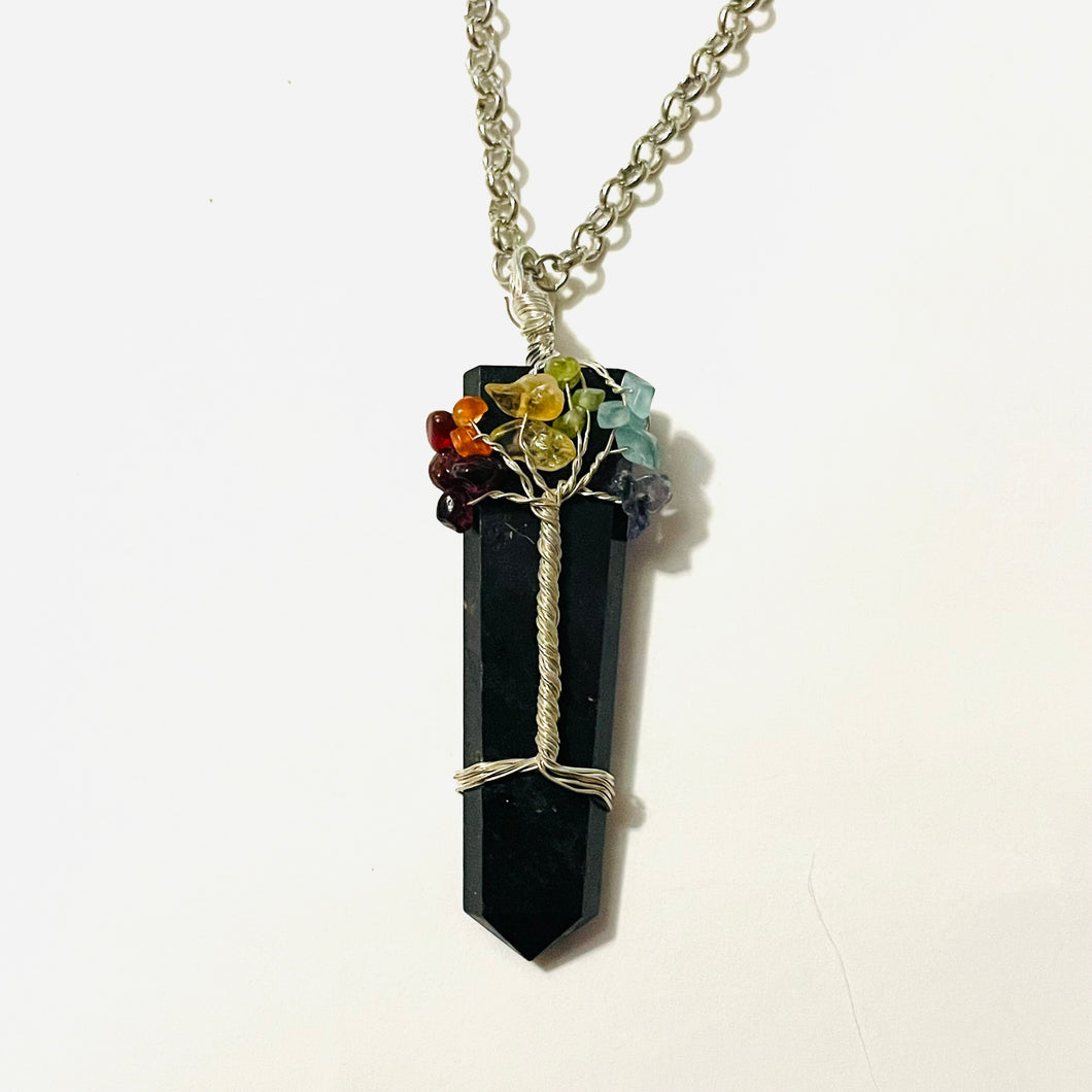 Obsidian and Rainbow Wrap Tree Pendant Necklace