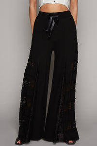 Black Lace Panel and Satin Detail Knit Pants