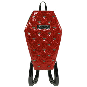 Red Quilted Glitter with Bat Studs Coffin Backpack
