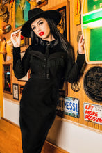 Load image into Gallery viewer, Loretta Black Velvet and Fringe Accent Wiggle Dress