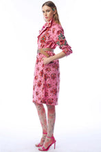 Load image into Gallery viewer, Woman wearing a pink floral dress with a belt on a white background