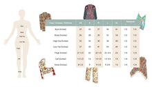 Load image into Gallery viewer, Measurement chart for clothing with a mannequin and fabric swatches on a white background